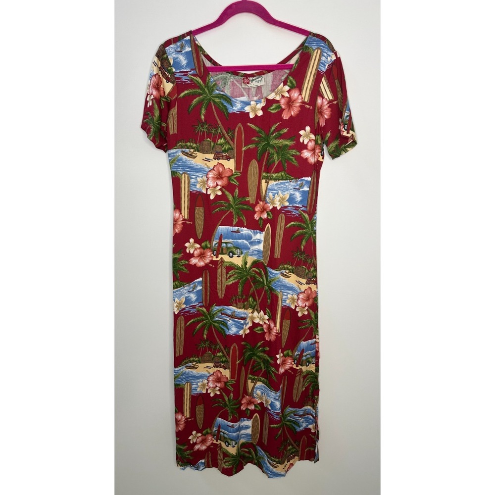 Hilo Hattie Red Tropical Scenic Surfboard Rayon Midi Dress Small Hawaiian Floral - Picture 2 of 14